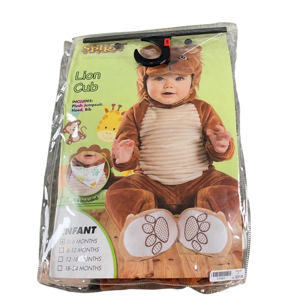 Spirit Halloween Lion‎ Cub Costume Infant 0-6 Months Plush Jumpsuit Bib